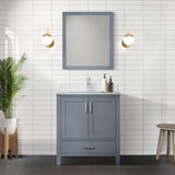 Jacques 30" Dark Grey Single Vanity, White Quartz Top, White Square Sink and 28" Mirror