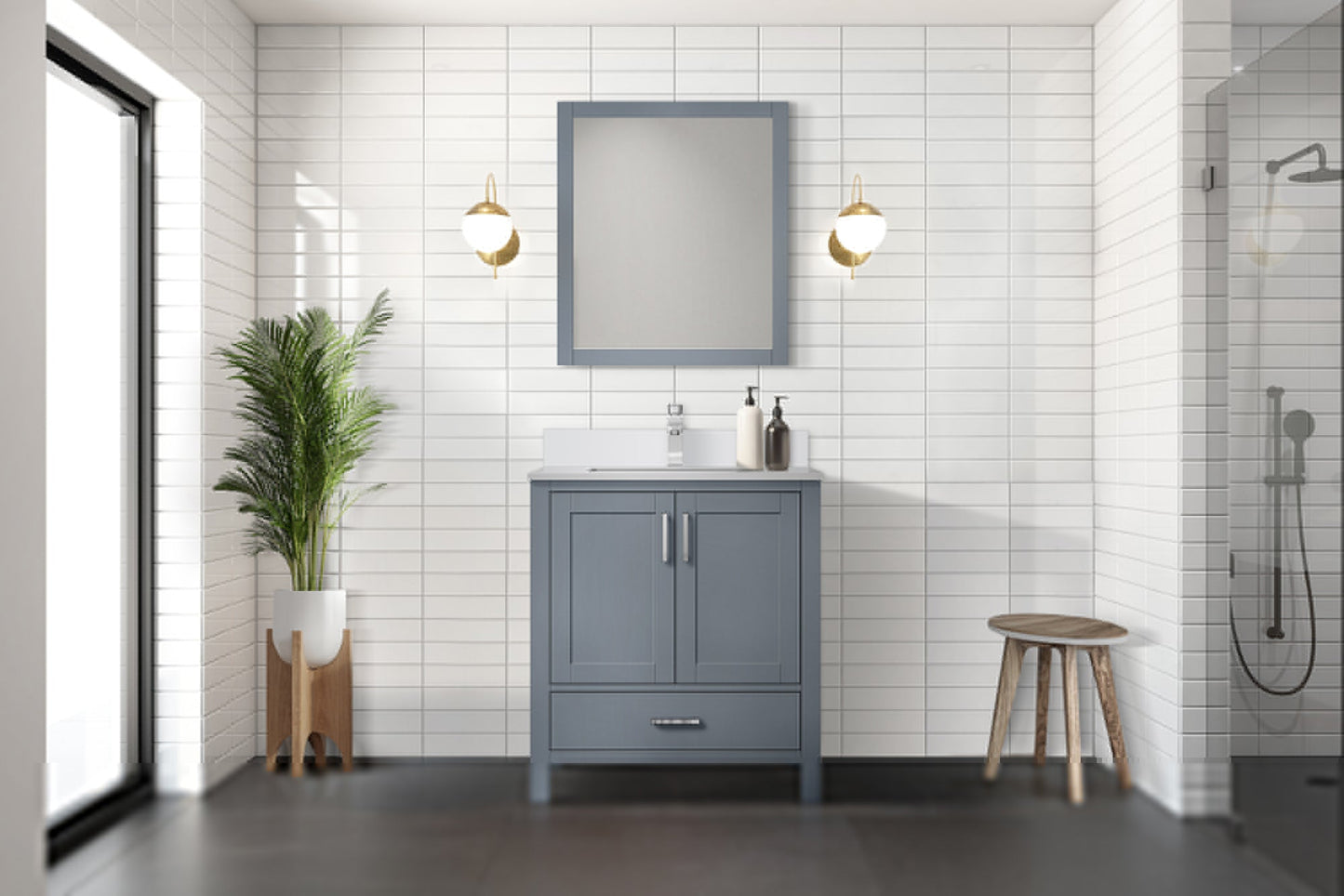 Jacques 30" Dark Grey Single Vanity, White Quartz Top, White Square Sink and 28" Mirror