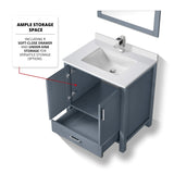 Jacques 30" Dark Grey Single Vanity, White Quartz Top, White Square Sink and 28" Mirror