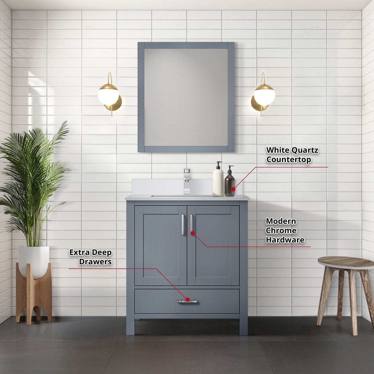 Jacques 30" Dark Grey Single Vanity, White Quartz Top, White Square Sink and 28" Mirror w/ Faucet