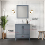 Jacques 30" Dark Grey Single Vanity, White Quartz Top, White Square Sink and 28" Mirror w/ Faucet