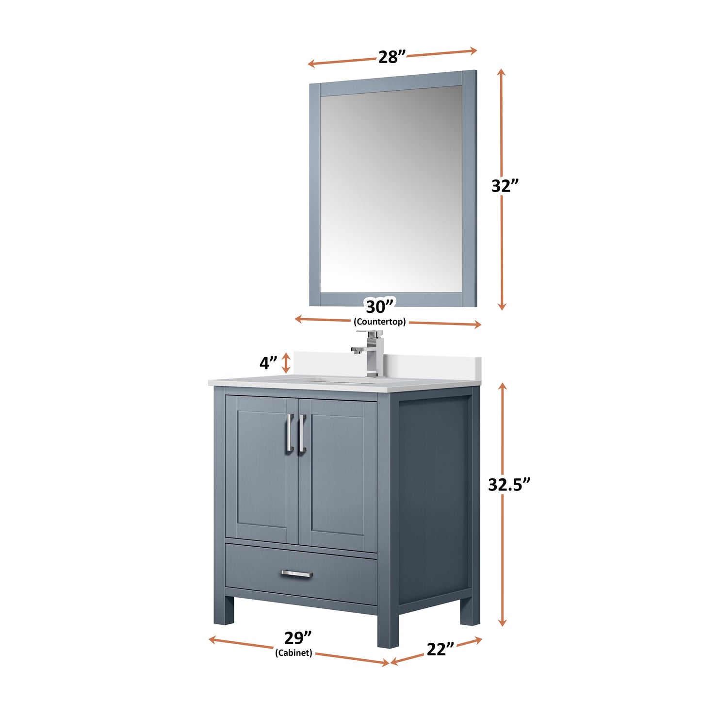 Jacques 30" Dark Grey Single Vanity, White Quartz Top, White Square Sink and 28" Mirror