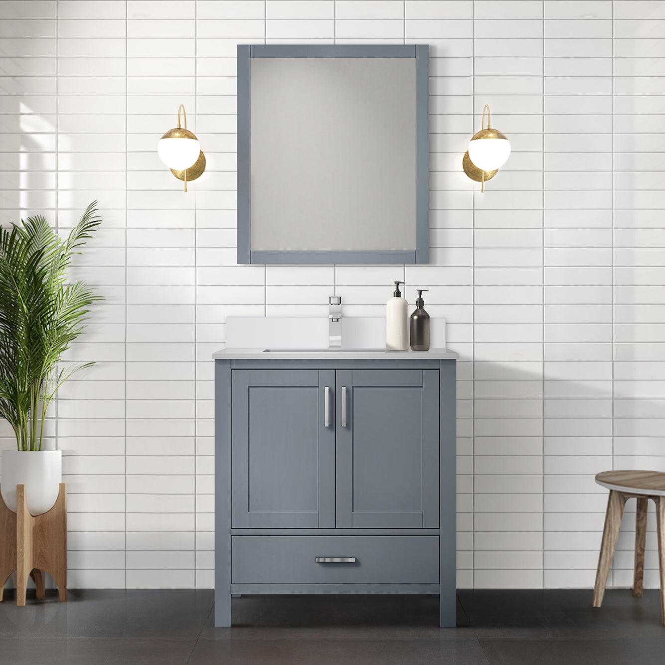 Jacques 30" Dark Grey Single Vanity, White Quartz Top, White Square Sink and 28" Mirror w/ Faucet