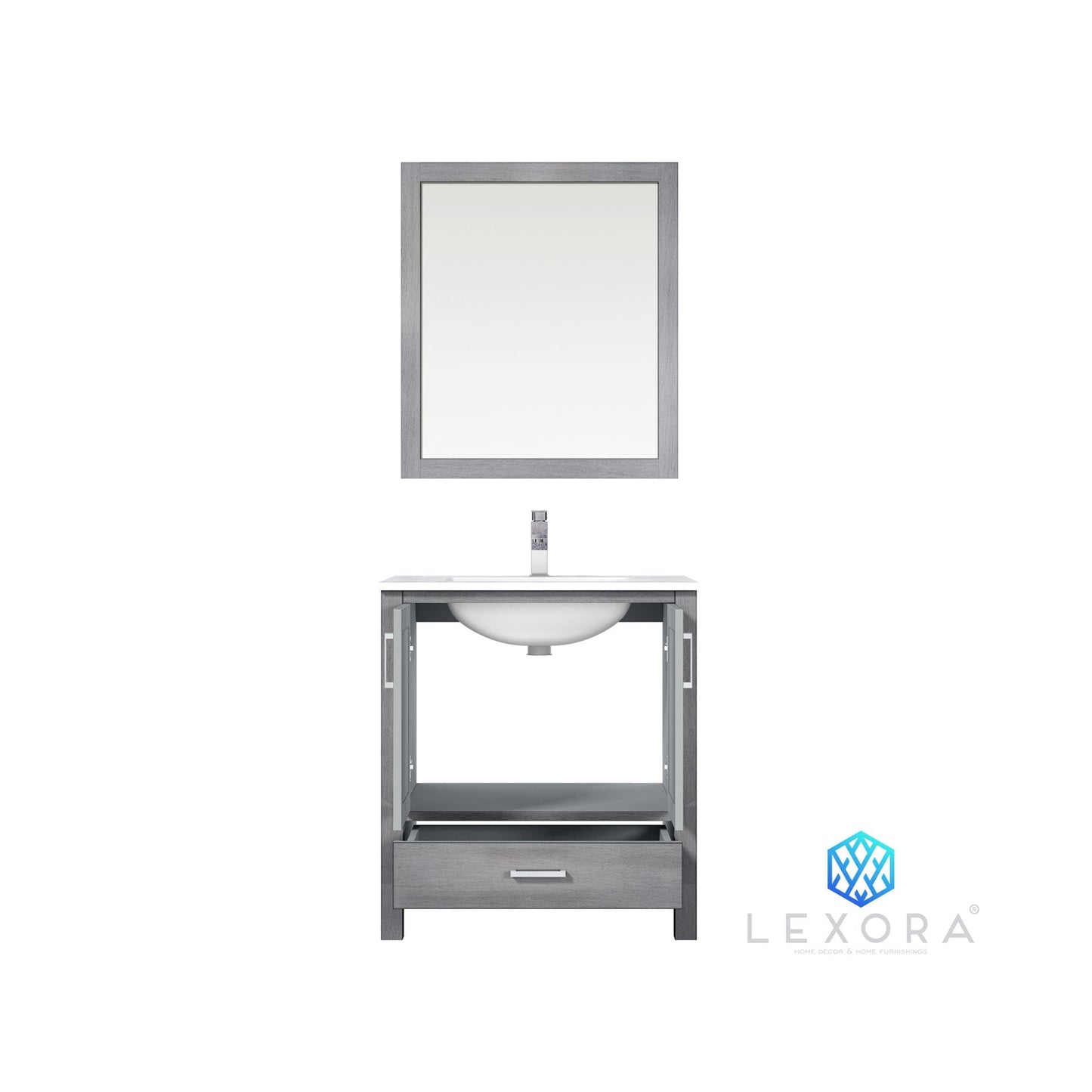Jacques 30" Distressed Grey Single Vanity, White Carrara Marble Top, White Square Sink and 28" Mirror