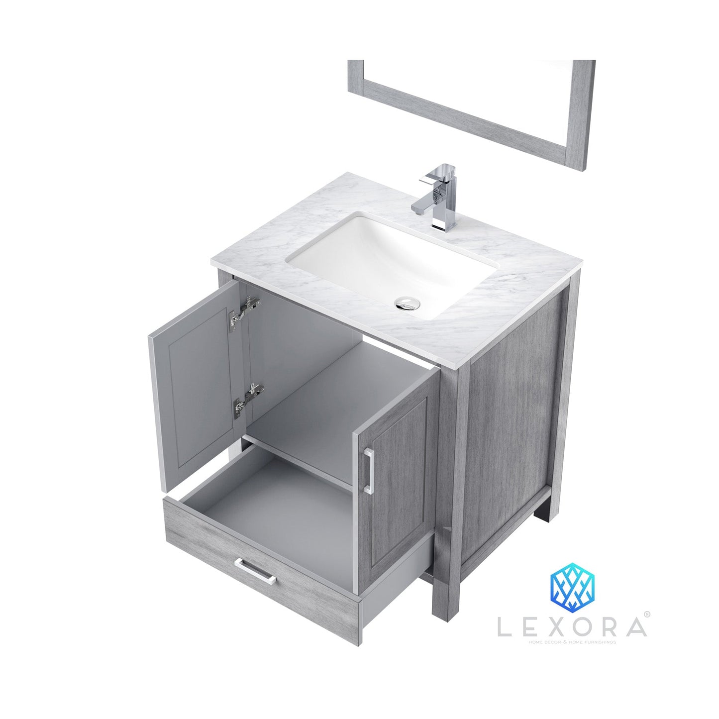 Jacques 30" Distressed Grey Single Vanity, White Carrara Marble Top, White Square Sink and 28" Mirror