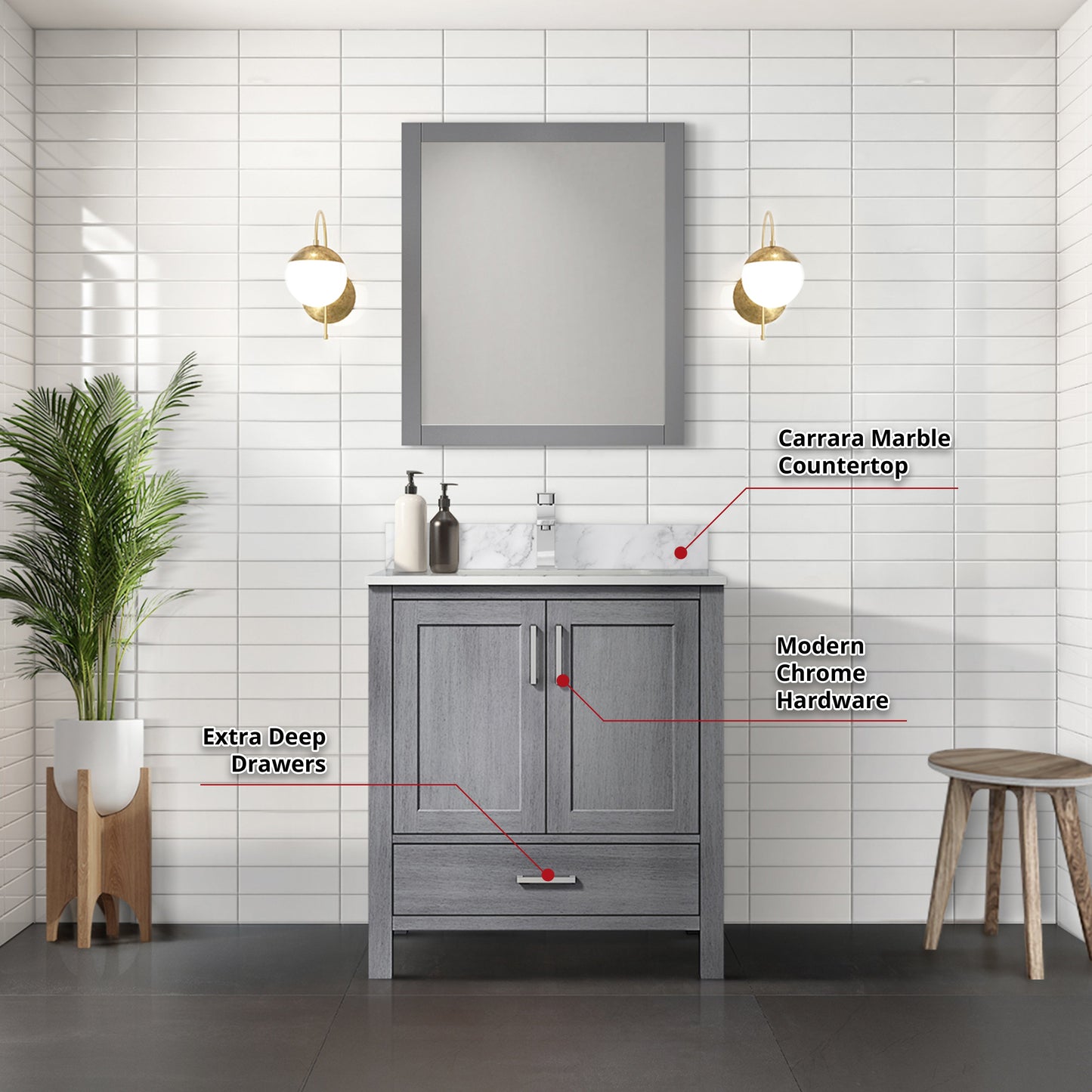 Jacques 30 in. Bathroom Freestanding Bathroom Vanity With Undermount Ceramic Sink, White Carrara Marble