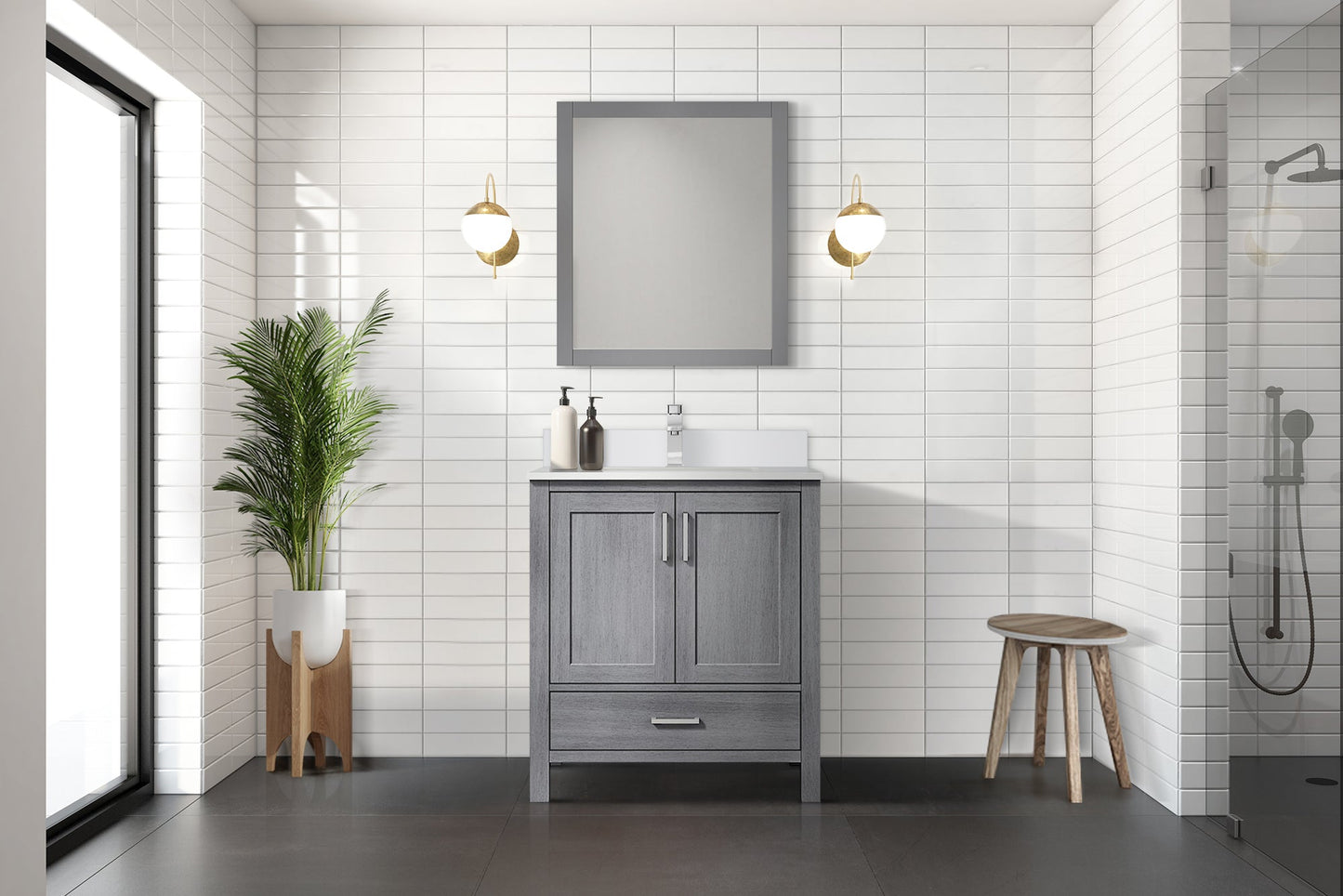 Jacques 30" Distressed Grey Single Vanity, White Quartz Top, White Square Sink and 28" Mirror