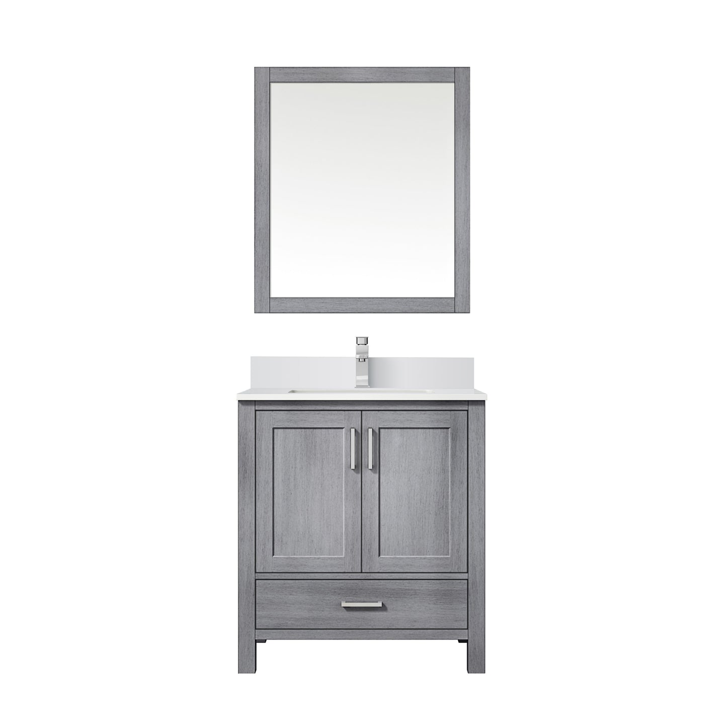 Jacques 30" Distressed Grey Single Vanity, White Quartz Top, White Square Sink and 28" Mirror w/ Faucet