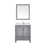 Jacques 30" Distressed Grey Single Vanity, White Quartz Top, White Square Sink and 28" Mirror w/ Faucet