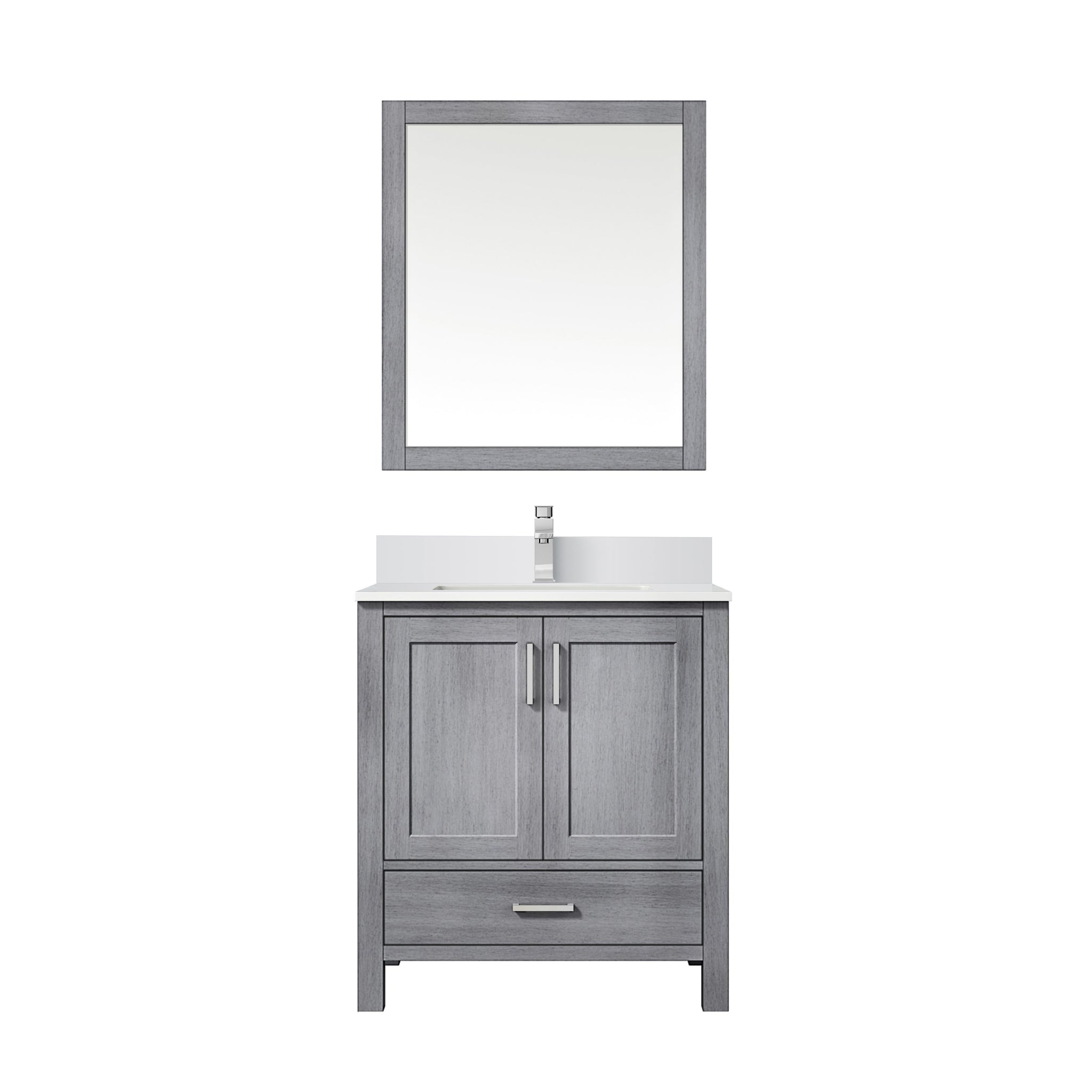 Jacques 30" Distressed Grey Single Vanity, White Quartz Top, White Square Sink and 28" Mirror w/ Faucet