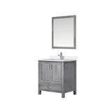 Jacques 30" Distressed Grey Single Vanity, White Quartz Top, White Square Sink and 28" Mirror w/ Faucet