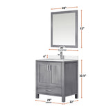 Jacques 30" Distressed Grey Single Vanity, White Quartz Top, White Square Sink and 28" Mirror