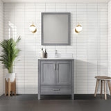 Jacques 30" Distressed Grey Single Vanity, White Quartz Top, White Square Sink and 28" Mirror w/ Faucet
