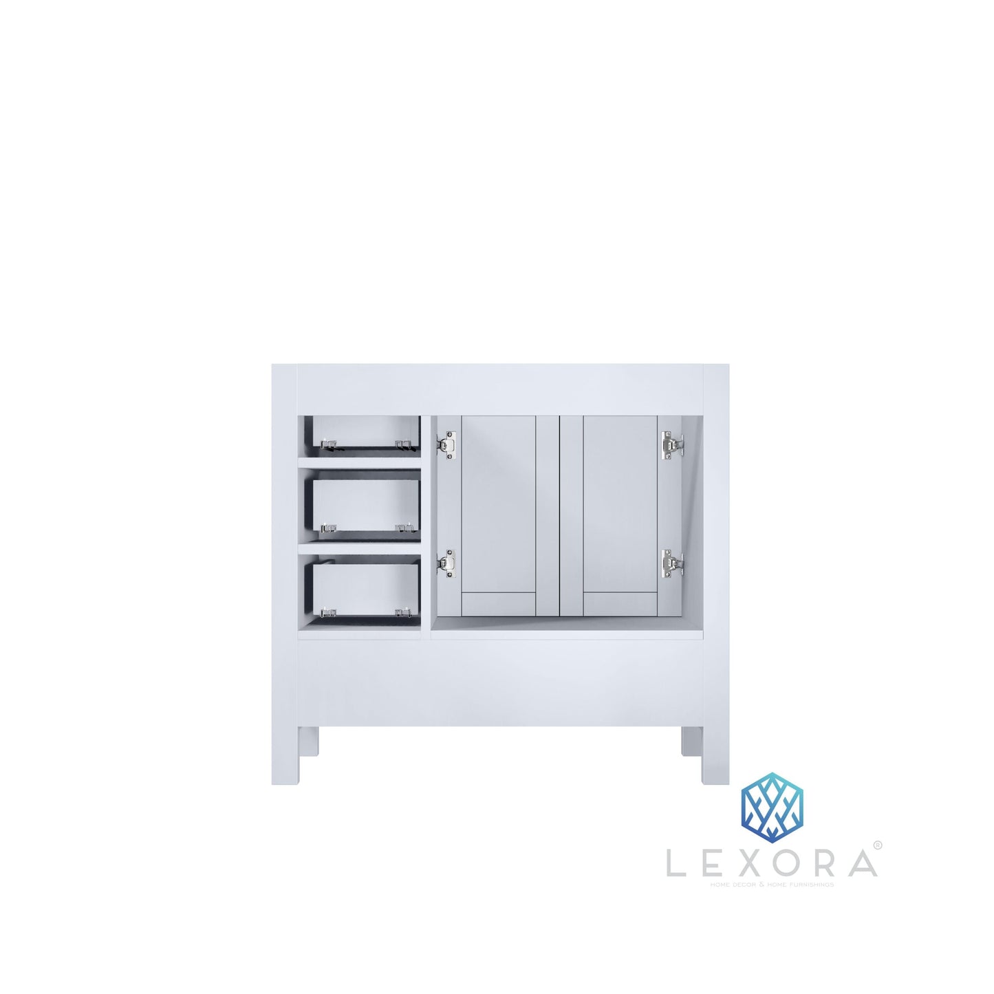 Jacques 36" White Single Vanity, White Carrara Marble Top, White Square Sink and 34" Mirror w/ Faucet - Left Version