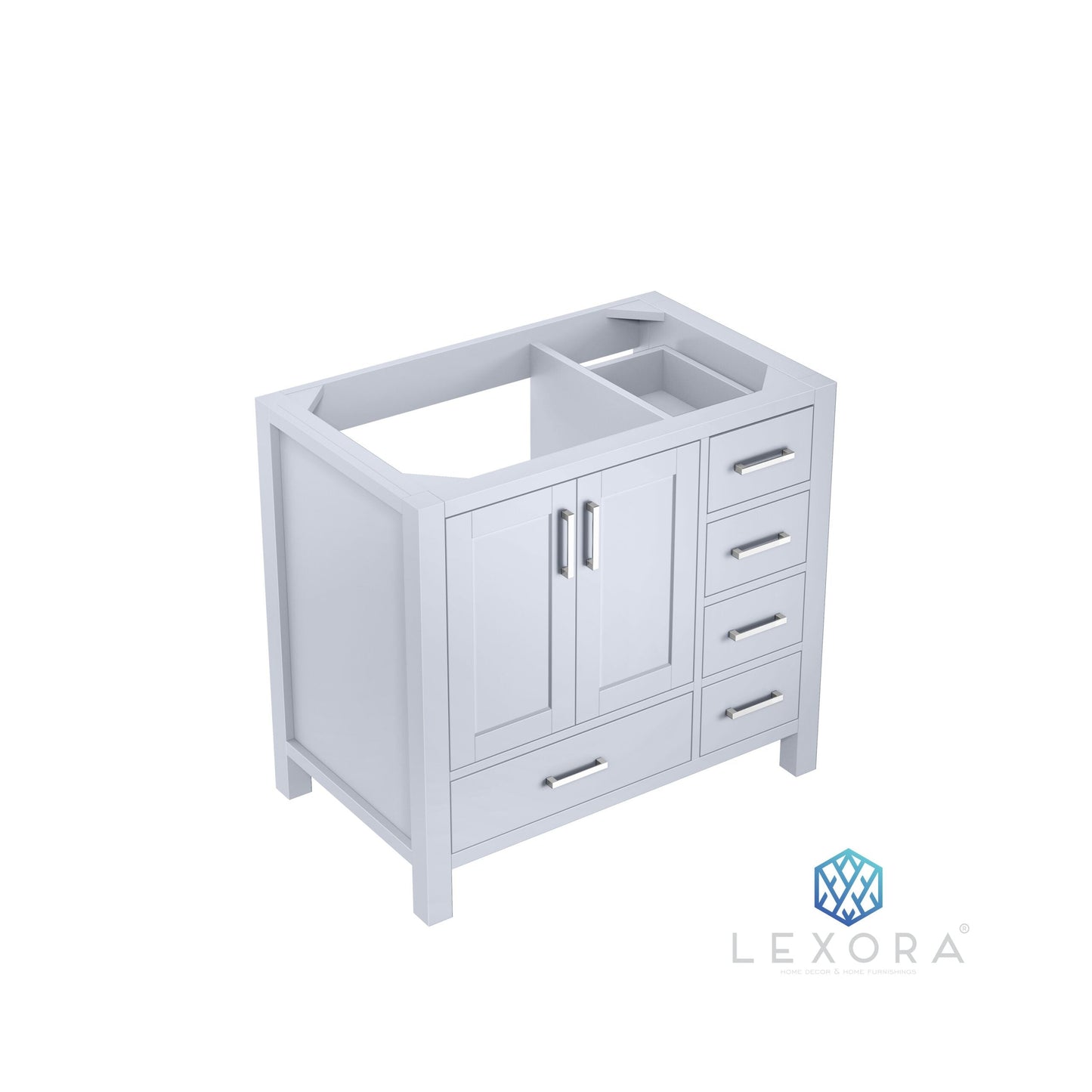 Jacques 36" White Single Vanity, White Carrara Marble Top, White Square Sink and 34" Mirror w/ Faucet - Left Version