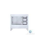 Jacques 36" White Single Vanity, White Carrara Marble Top, White Square Sink and 34" Mirror w/ Faucet - Right Version