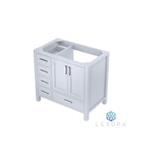 Jacques 36" White Single Vanity, White Carrara Marble Top, White Square Sink and 34" Mirror w/ Faucet - Right Version