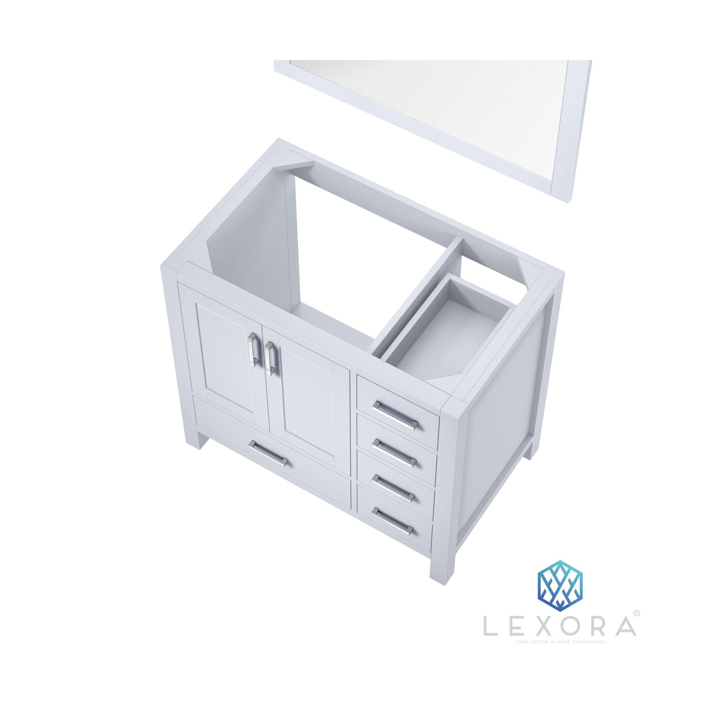 Jacques 36" White Single Vanity, White Carrara Marble Top, White Square Sink and 34" Mirror w/ Faucet - Left Version