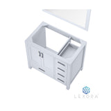 Jacques 36" White Single Vanity, White Carrara Marble Top, White Square Sink and 34" Mirror w/ Faucet - Left Version