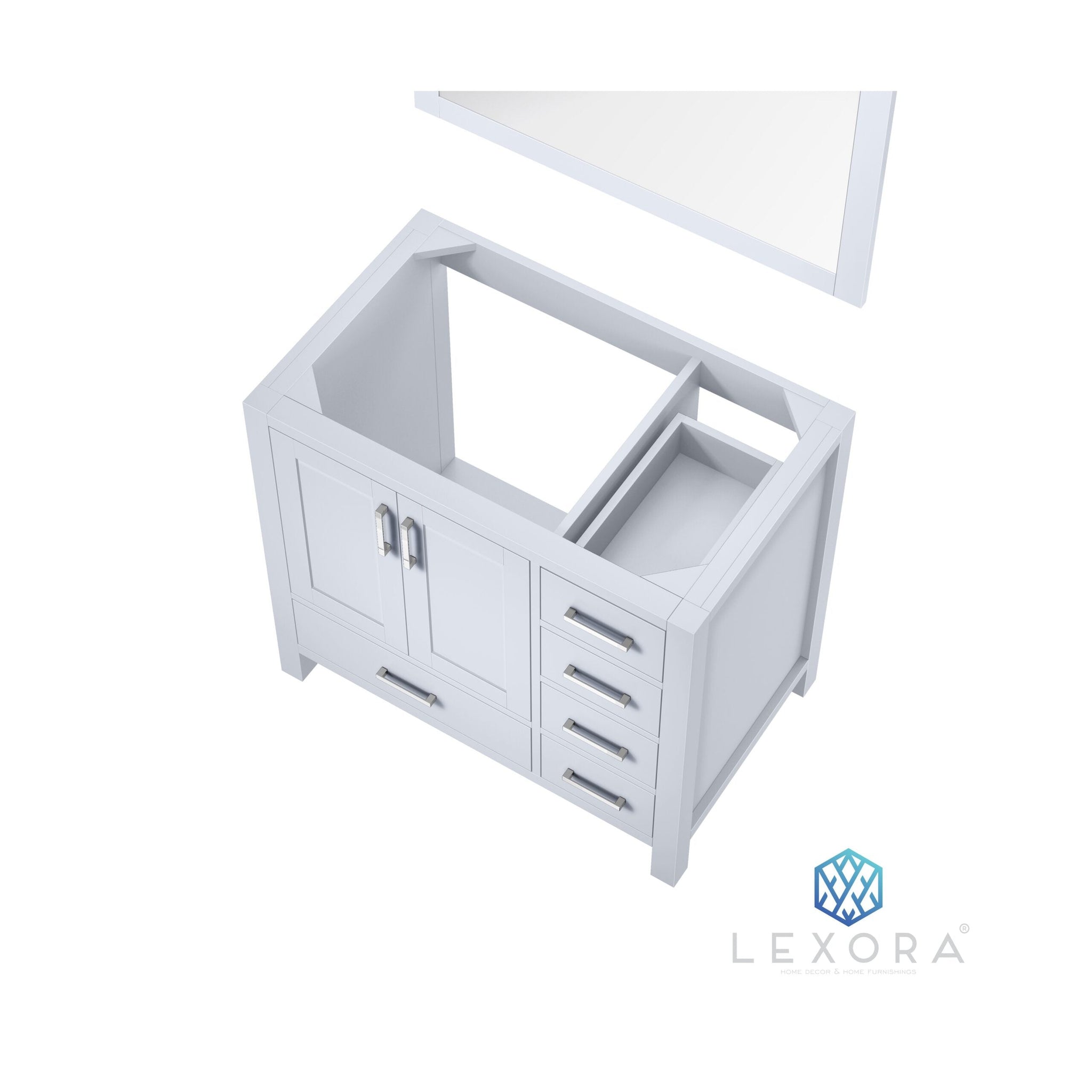 Jacques 36" White Single Vanity, White Carrara Marble Top, White Square Sink and 34" Mirror w/ Faucet - Left Version