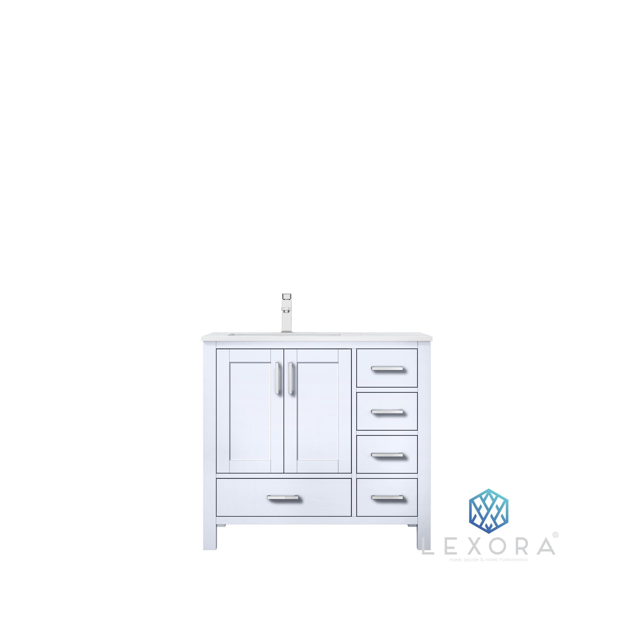 Jacques 36" White Single Vanity, White Carrara Marble Top, White Square Sink and 34" Mirror w/ Faucet - Left Version