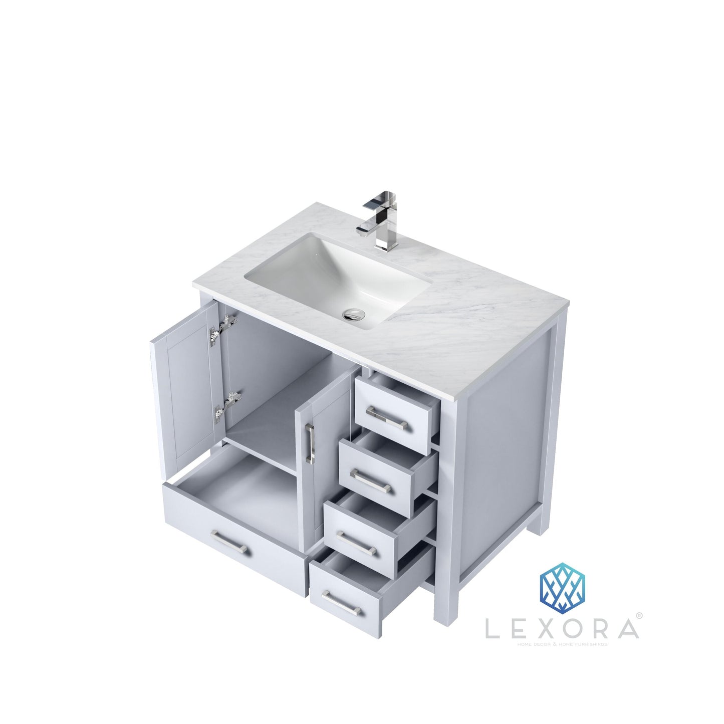 Jacques 36" White Single Vanity, White Carrara Marble Top, White Square Sink and 34" Mirror w/ Faucet - Left Version