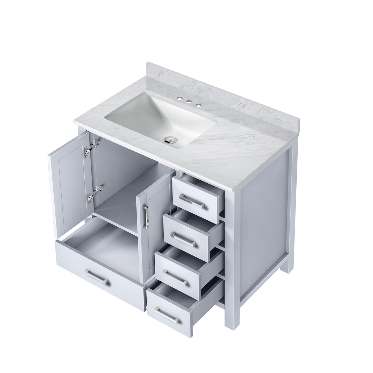 Jacques Navy 30 in. Left Freestanding Bathroom Vanity with White Carrara Marble Top, White Square Sink