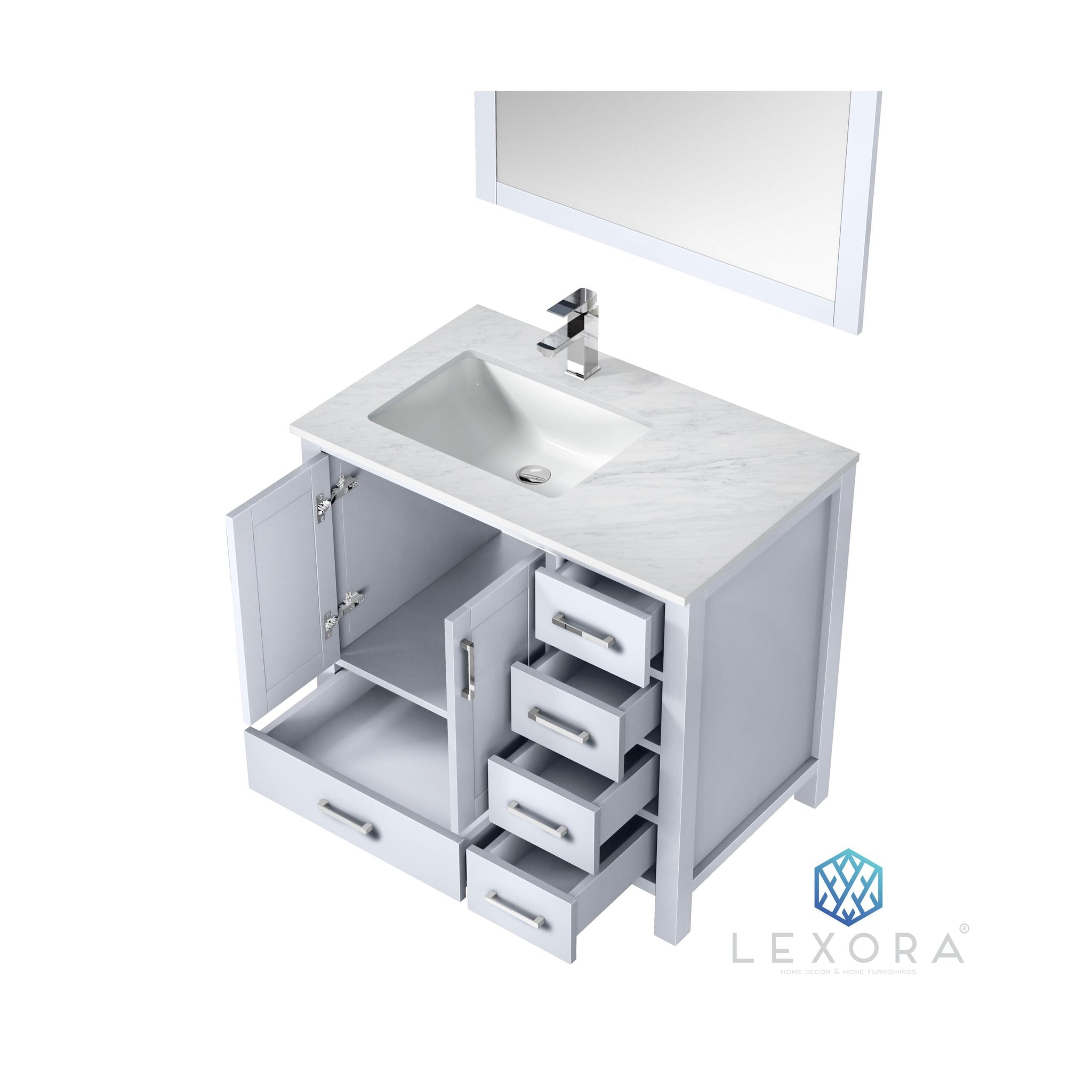 Jacques 36" White Single Vanity, White Carrara Marble Top, White Square Sink and 34" Mirror w/ Faucet - Left Version
