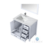 Jacques 36" White Single Vanity, White Carrara Marble Top, White Square Sink and 34" Mirror - Left Version