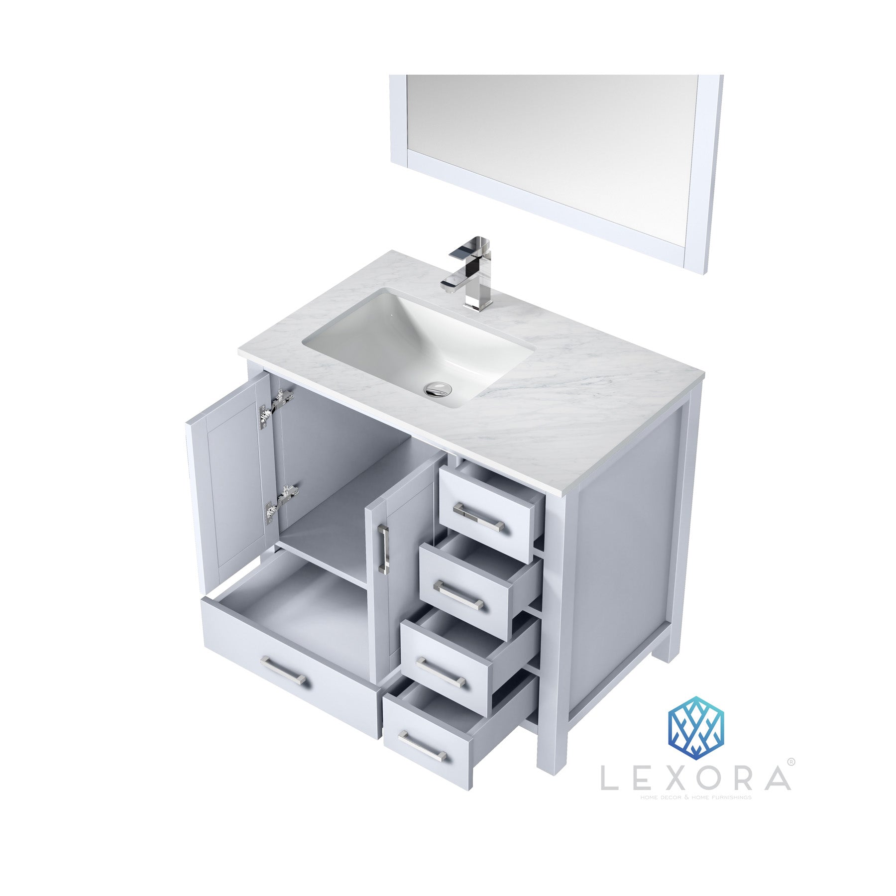 Jacques 36" White Single Vanity, White Carrara Marble Top, White Square Sink and 34" Mirror - Left Version