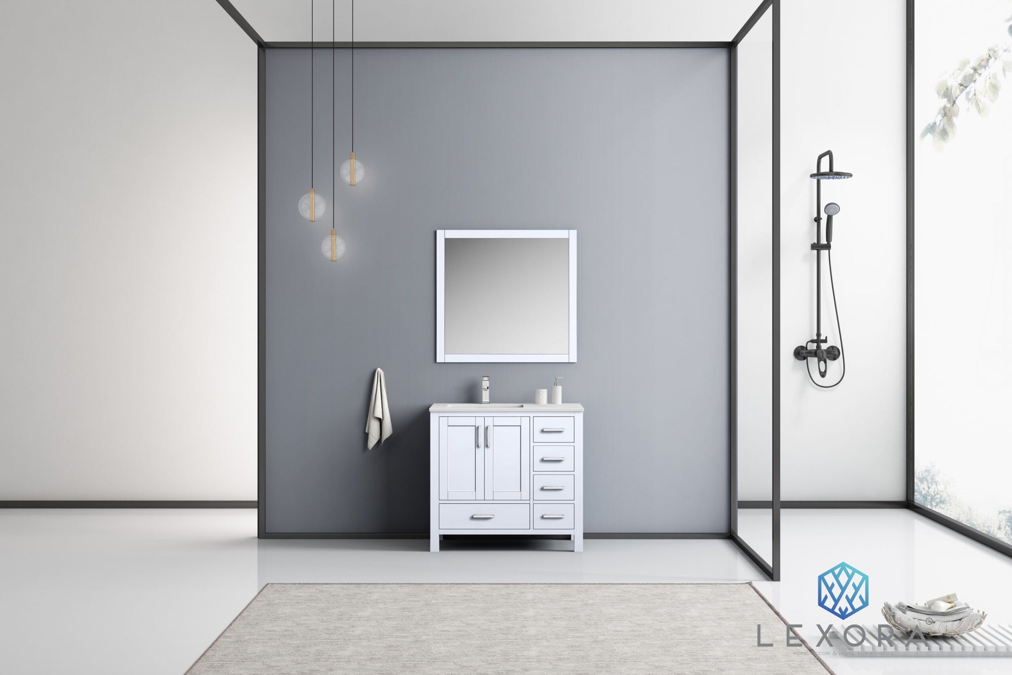 Jacques 36" White Single Vanity, White Carrara Marble Top, White Square Sink and 34" Mirror w/ Faucet - Left Version