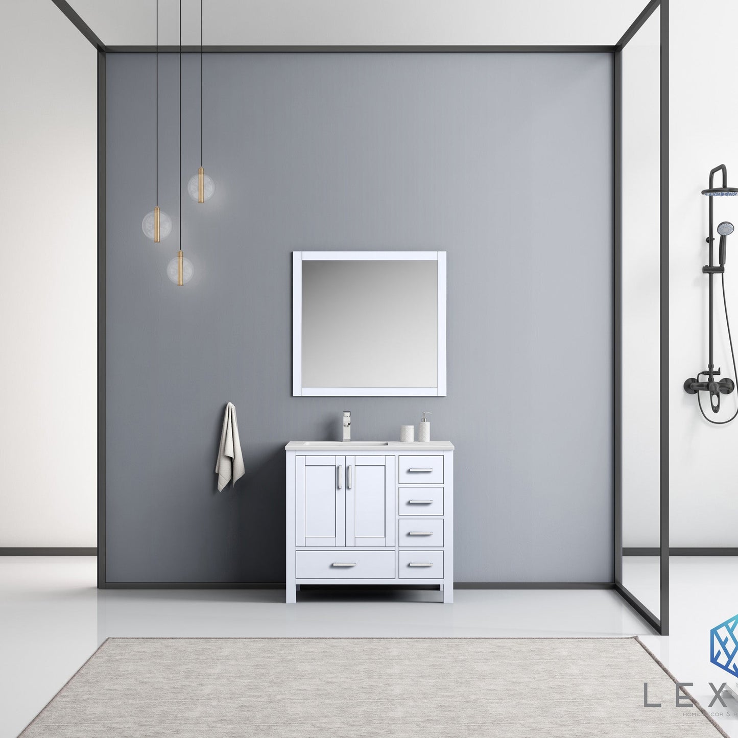 Jacques 36" White Single Vanity, White Carrara Marble Top, White Square Sink and 34" Mirror - Left Version