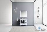 Jacques 36" White Single Vanity, White Carrara Marble Top, White Square Sink and 34" Mirror w/ Faucet - Left Version