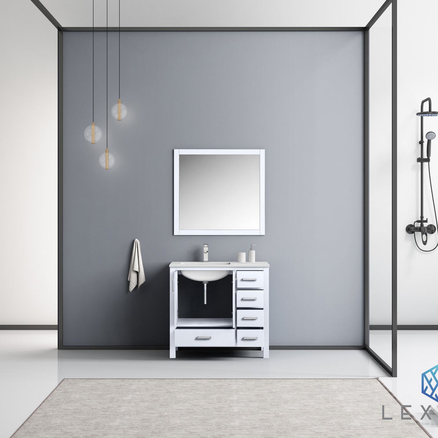 Jacques 36" White Single Vanity, White Carrara Marble Top, White Square Sink and 34" Mirror - Left Version