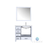 Jacques 36" White Single Vanity, White Carrara Marble Top, White Square Sink and 34" Mirror w/ Faucet - Right Version