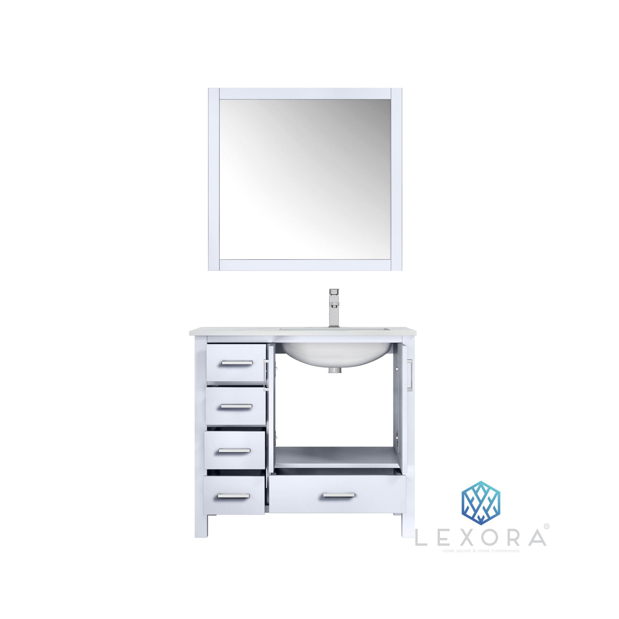 Jacques 36" White Single Vanity, White Carrara Marble Top, White Square Sink and 34" Mirror w/ Faucet - Right Version