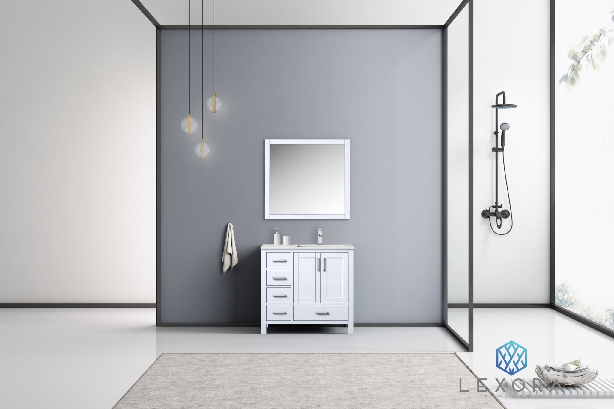 Jacques 36" White Single Vanity, White Carrara Marble Top, White Square Sink and 34" Mirror w/ Faucet - Right Version