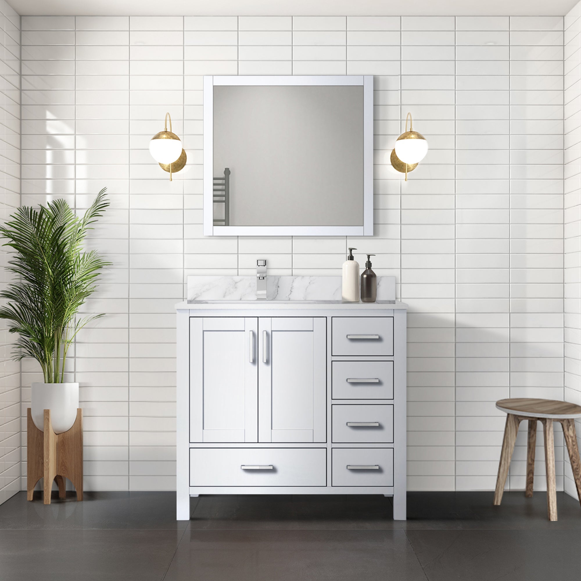 Jacques Navy 30 in. Left Freestanding Bathroom Vanity with White Carrara Marble Top, White Square Sink