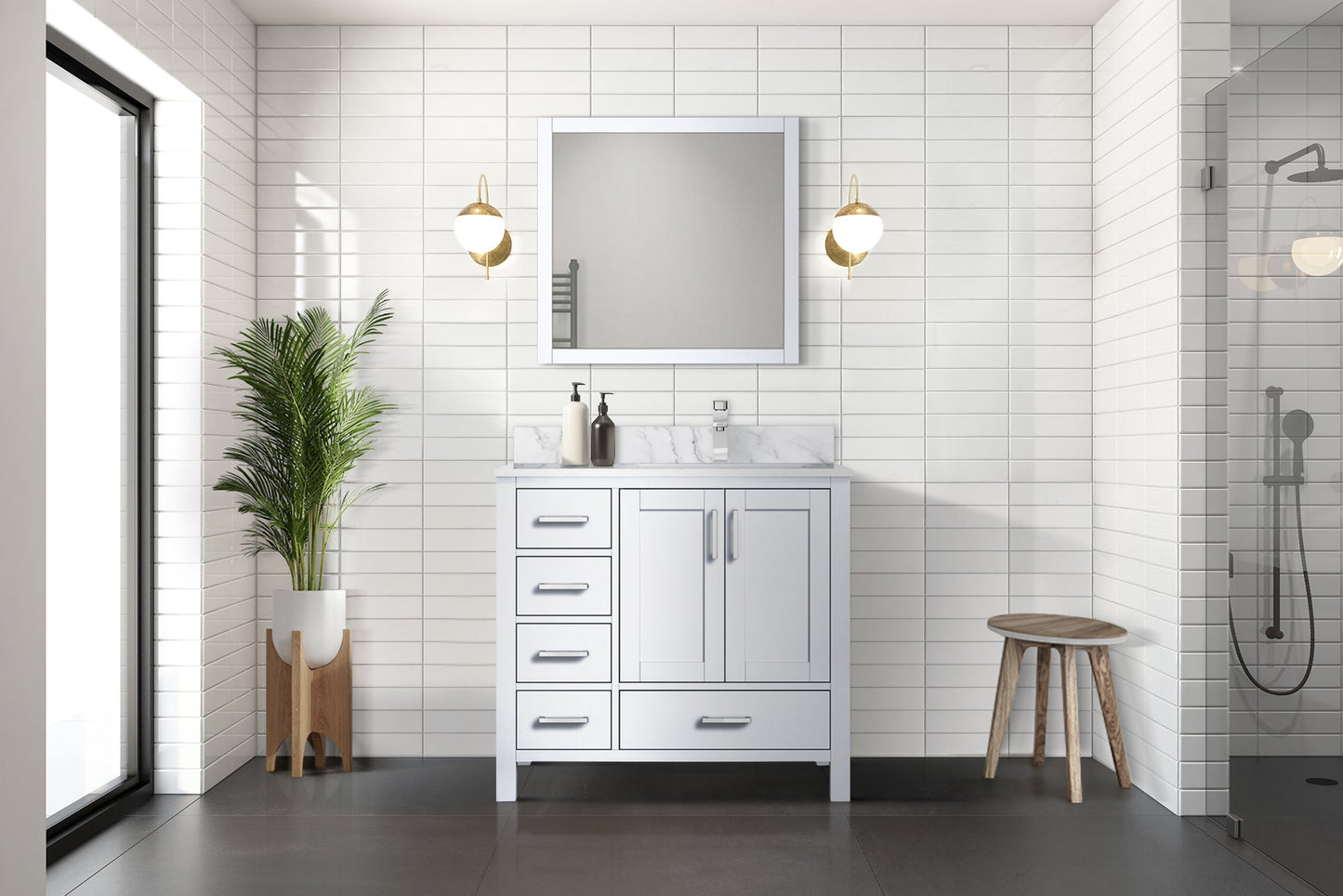 Jacques 30 in. Right Freestanding Bathroom Vanity with White Carrara Marble Top, White Square Sink
