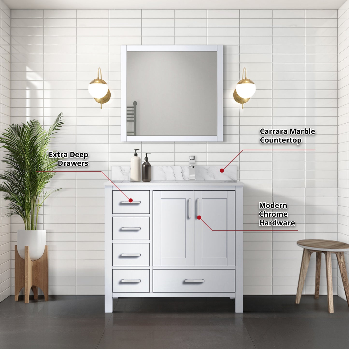 Jacques 30 in. Right Freestanding Bathroom Vanity with White Carrara Marble Top, White Square Sink