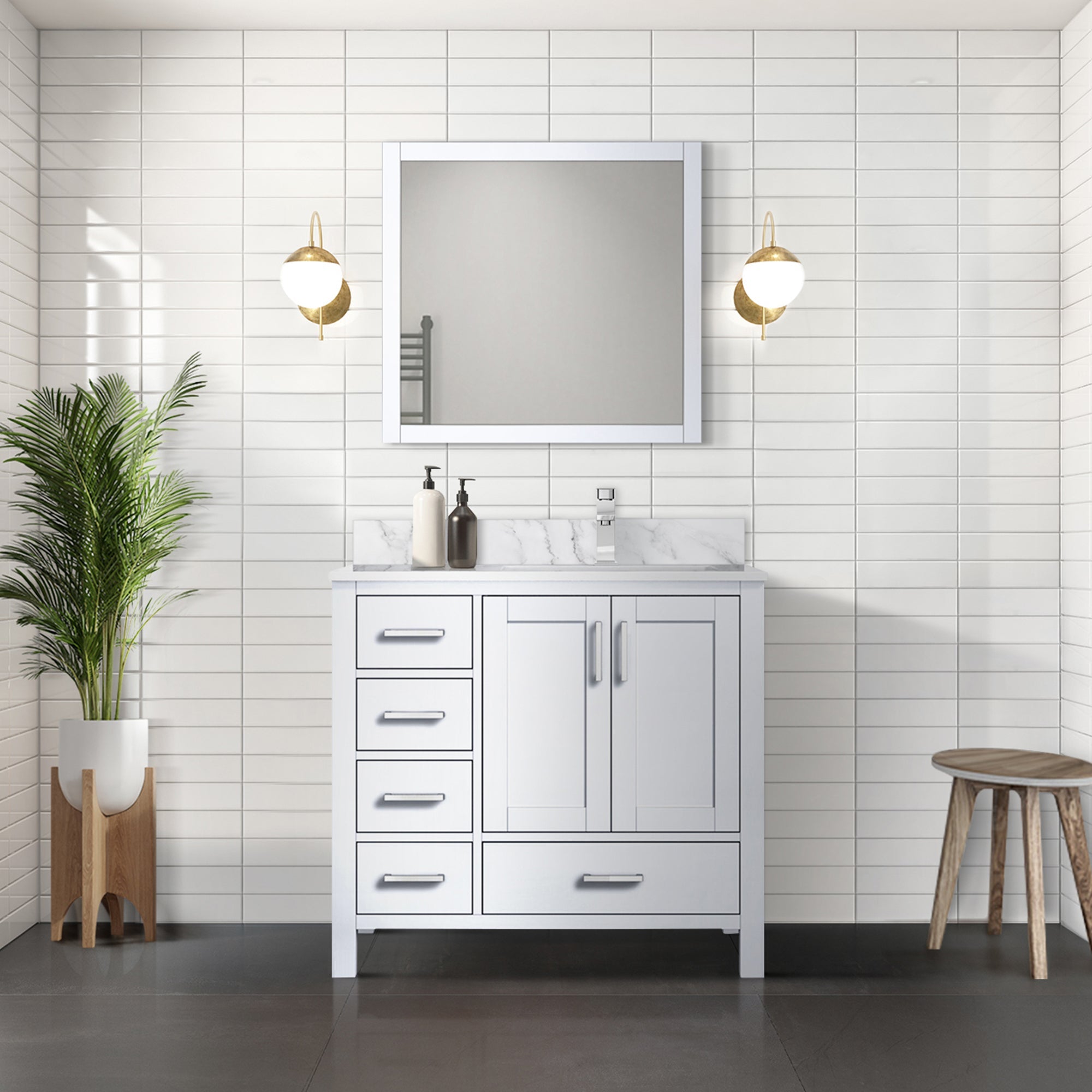 Jacques 30 in. Right Freestanding Bathroom Vanity with White Carrara Marble Top, White Square Sink