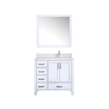 Jacques 36" White Single Vanity, White Quartz Top, White Square Sink and 34" Mirror w/ Faucet - Right Version