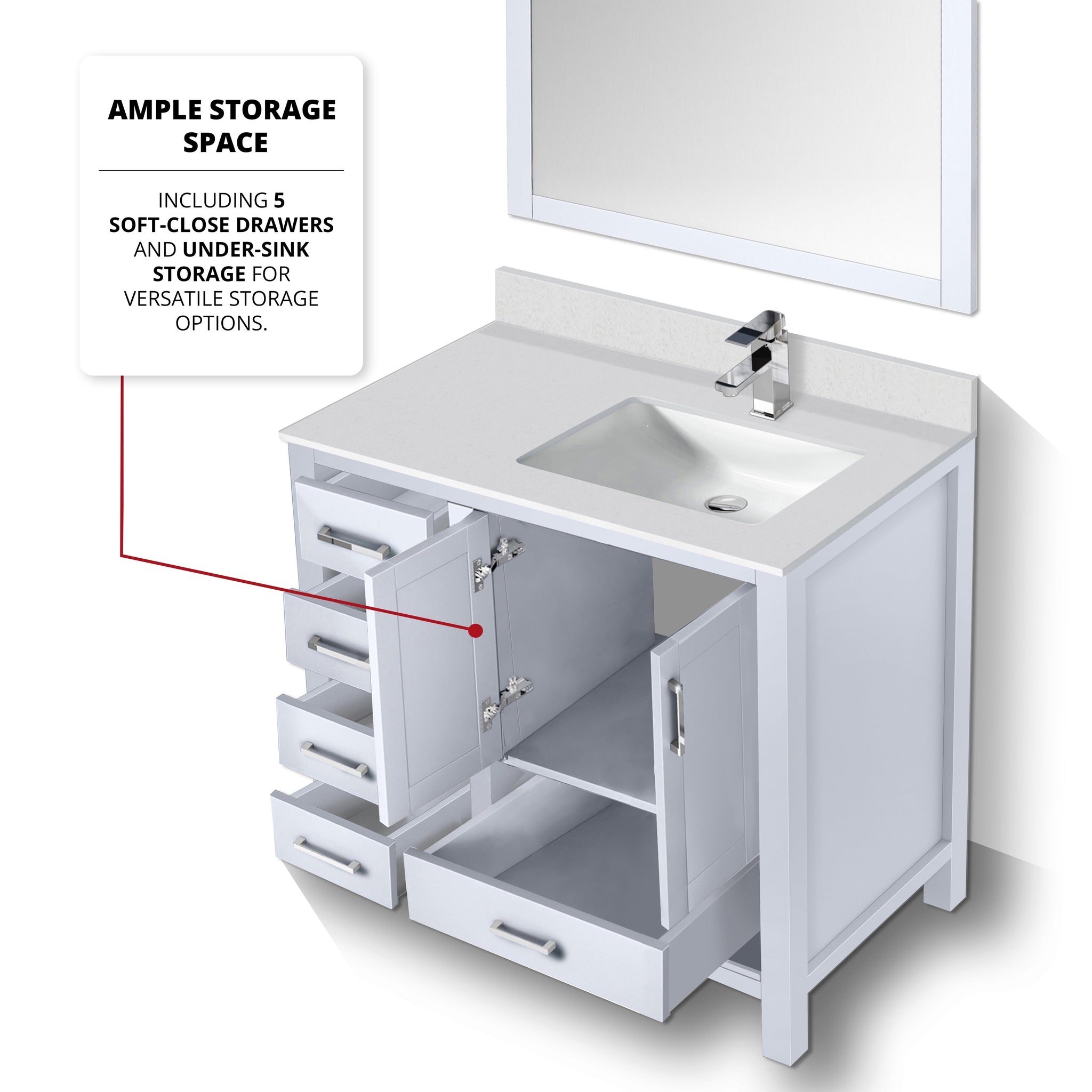 Jacques 36" White Single Vanity, White Quartz Top, White Square Sink and 34" Mirror w/ Faucet - Right Version