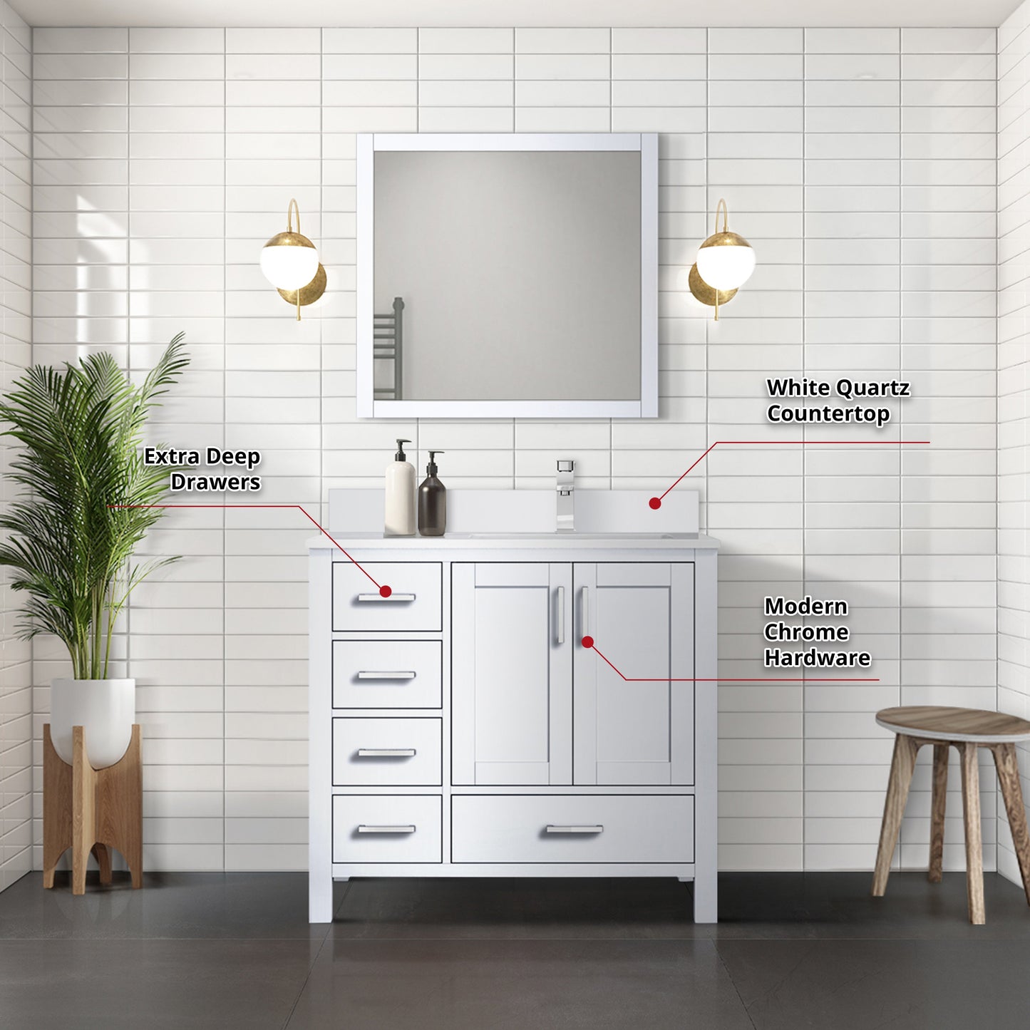 Jacques 36" White Single Vanity, White Quartz Top, White Square Sink and 34" Mirror - Right Version