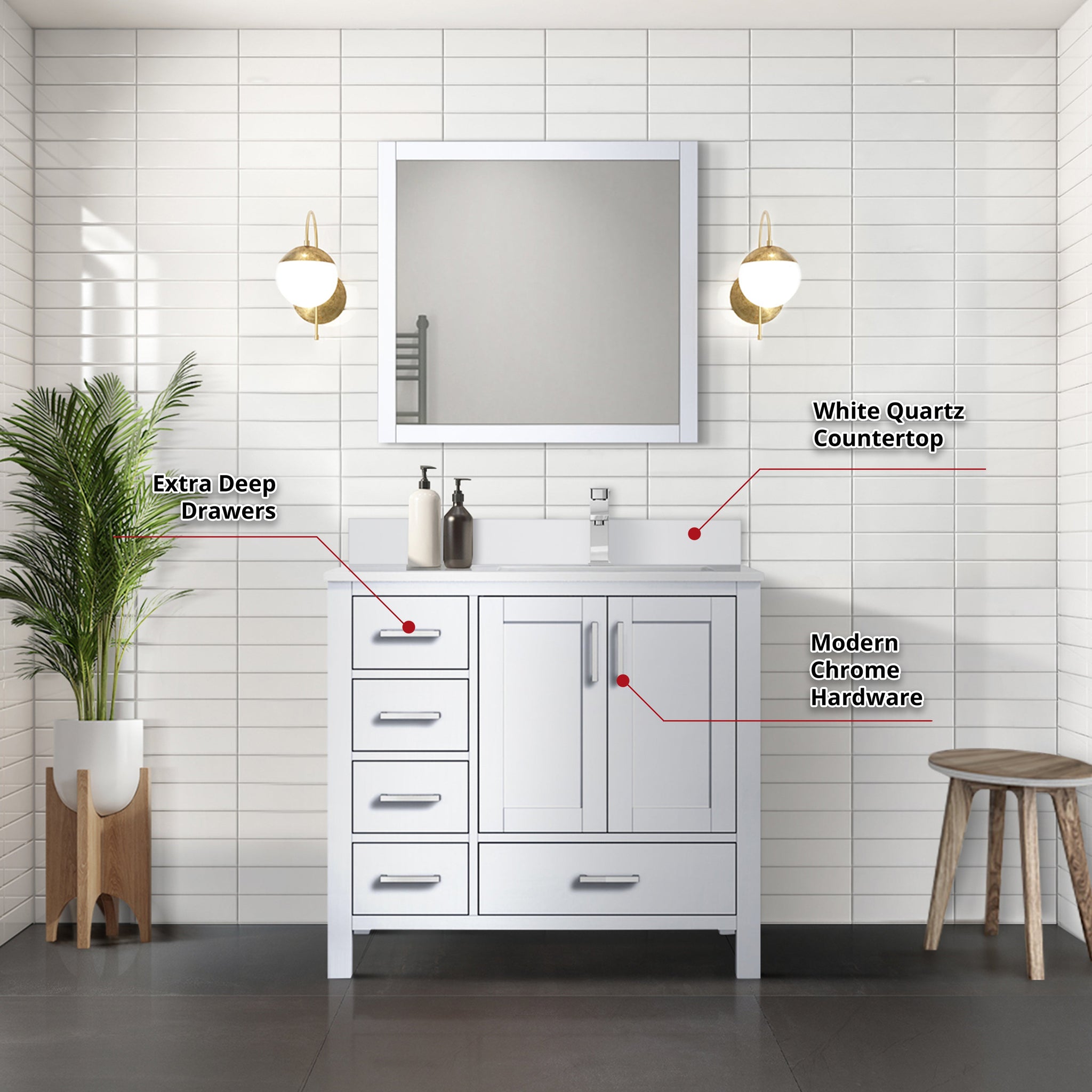 Jacques 36" White Single Vanity, White Quartz Top, White Square Sink and 34" Mirror - Right Version