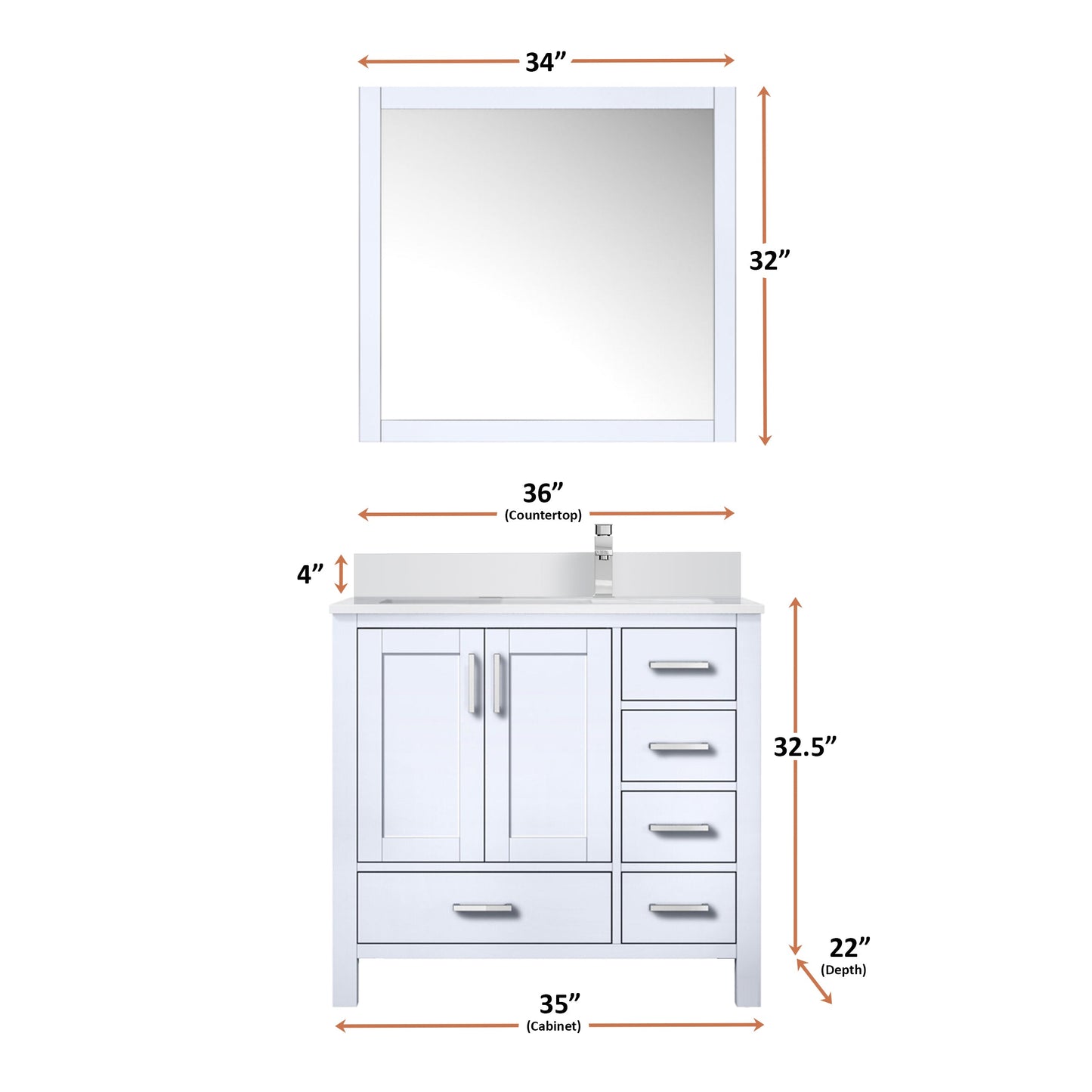 Jacques 36" White Single Vanity, White Quartz Top, White Square Sink and 34" Mirror w/ Faucet - Right Version