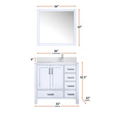 Jacques 36" White Single Vanity, White Quartz Top, White Square Sink and 34" Mirror w/ Faucet - Right Version