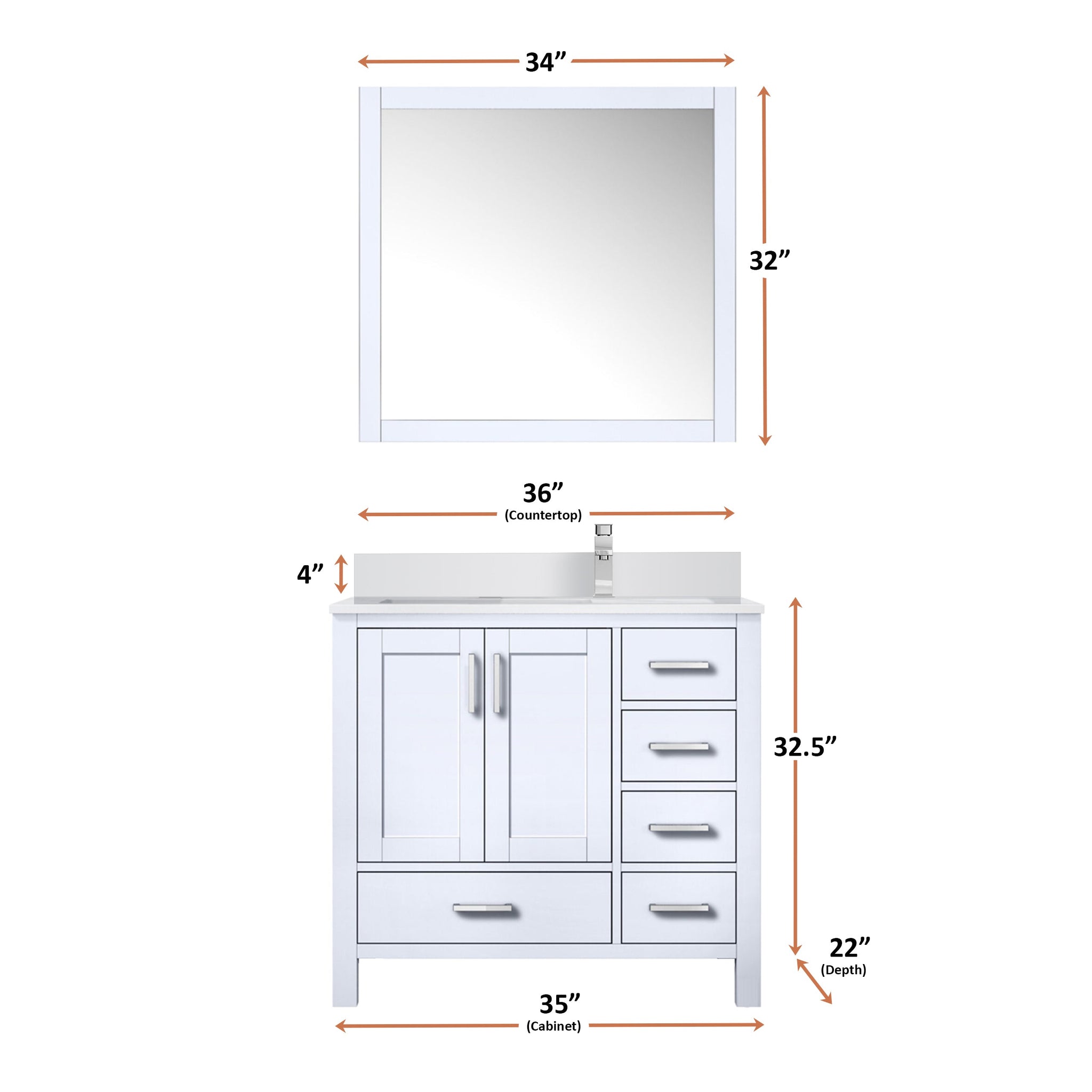Jacques 36" White Single Vanity, White Quartz Top, White Square Sink and 34" Mirror w/ Faucet - Right Version