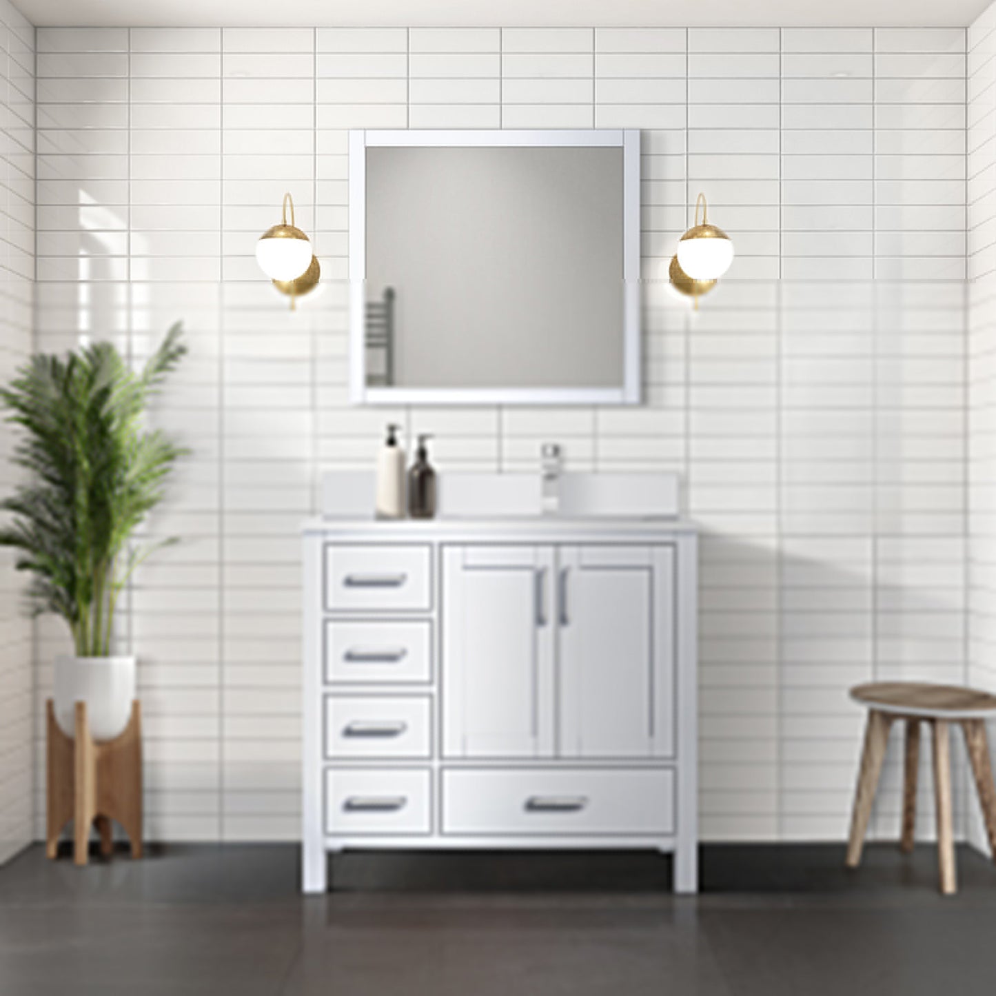 Jacques 36" White Single Vanity, White Quartz Top, White Square Sink and 34" Mirror w/ Faucet - Right Version