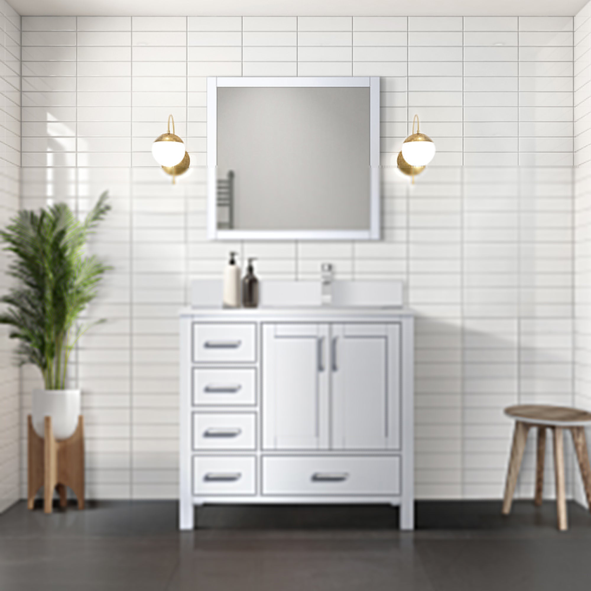 Jacques 36" White Single Vanity, White Quartz Top, White Square Sink and 34" Mirror - Right Version